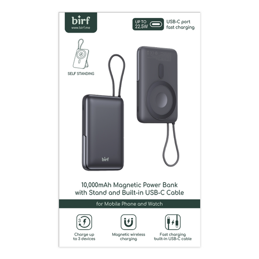 Birf 10,000mAh Magnetic PowerBank with Stand and Built-In Cable