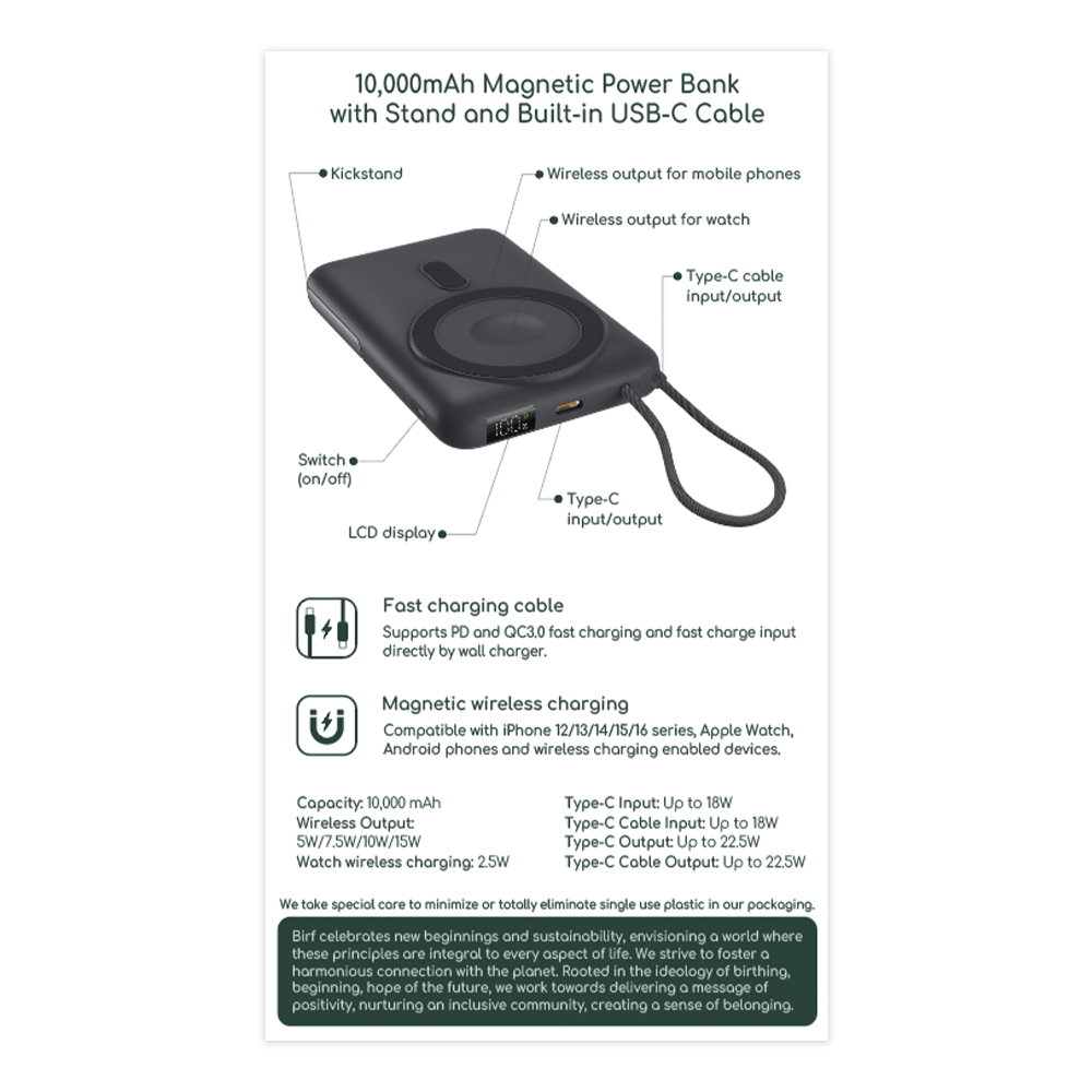 Birf 10,000mAh Magnetic PowerBank with Stand and Built-In Cable