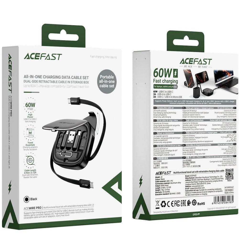 Acefast J3 Multifunctional Travel Set With Retractable Charging Data Cable - Black