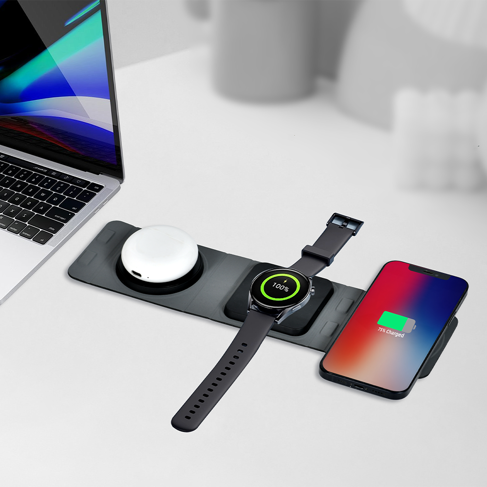 Sleek Birf 3-in-1 wireless charger for phone, smartwatch, and earbuds with compact design.