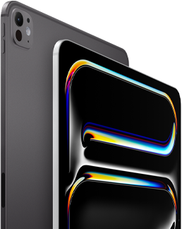 iPad Pro, back side exterior, space black colour, volume buttons and pro camera system, iPad Pro, front side exterior, silver colour, rounded corners, black display bezel, display showing black background with multicoloured abstract line art