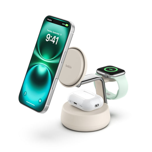 Belkin UltraCharge Pro 3-in-1 Magnetic Charging Dock with Qi2 25W - Sand