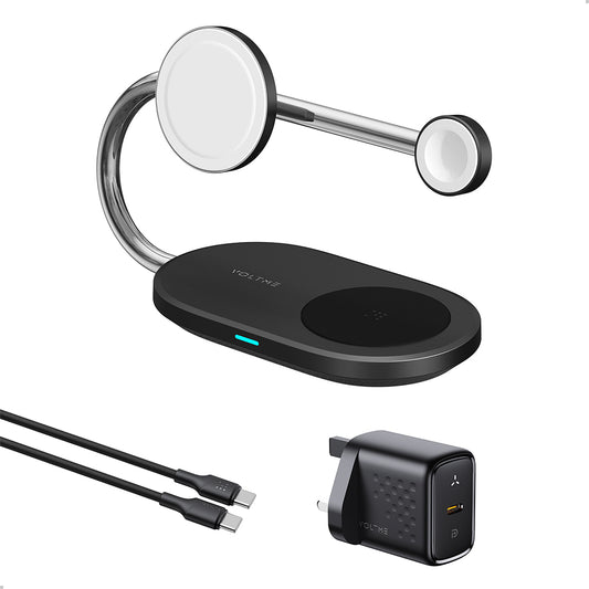 Voltme MagPak Qi2 15W 3-in-1 Wireless Charger with 40W Wall Plug + 1.5m Cable Black