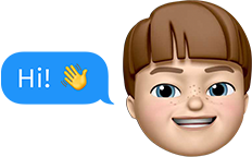 A Memoji of a child next to a text message that says “Hi!” followed by a hand-waving emoji