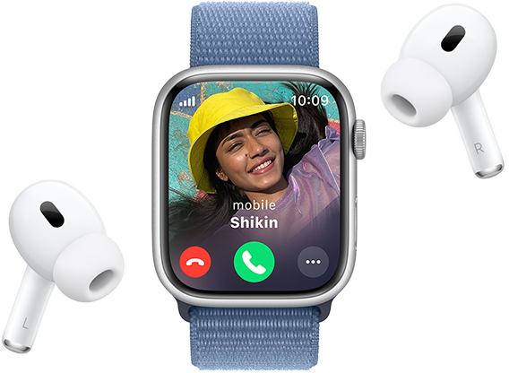 Apple Watch Series 9 showing an incoming call screen with AirPods Pro nearby