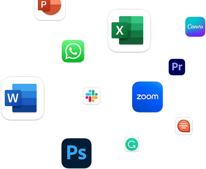 Showcasing compatibility with apps like Microsoft PowerPoint, WhatsApp Desktop, Microsoft Excel, Canva: Design, Photo & Video, Adobe Premiere Pro, Microsoft Word, Slack for Desktop, Zoom, Adobe Photoshop, Grammarly: Writing App, and Quip.