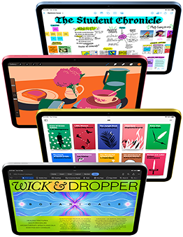 Front-facing iPad screens show a variety of Apple apps and App Store apps.