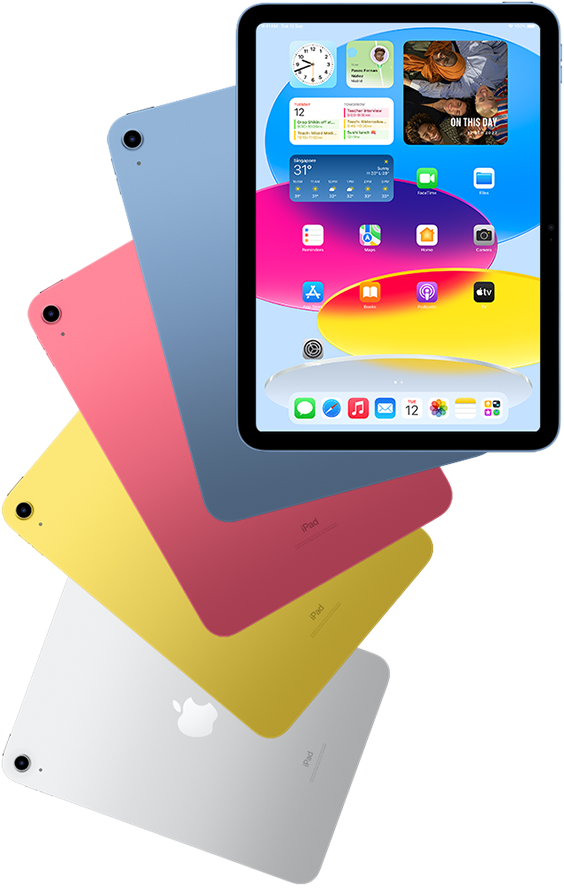 Front-view iPad shows home screen with blue, pink, yellow and silver rear‑facing iPads behind it.