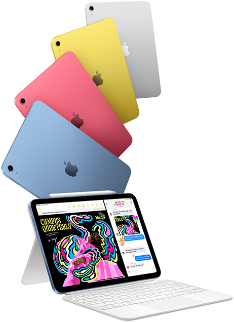 iPad in blue, pink, yellow and silver colours, and one iPad attached to the Magic Keyboard Folio.