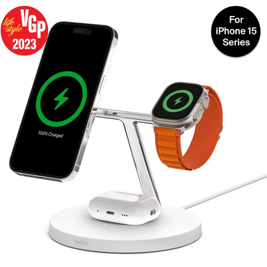 Belkin BoostCharge PRO MagSafe 3-in-1 Wireless Charger with 3-Pin UK Power Supply Unit (White)