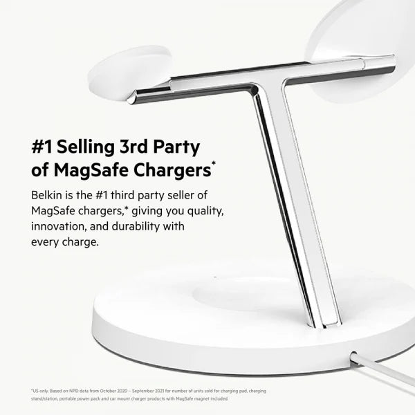 Belkin BoostCharge PRO MagSafe 3-in-1 Wireless Charger with 3-Pin UK Power Supply Unit (White)