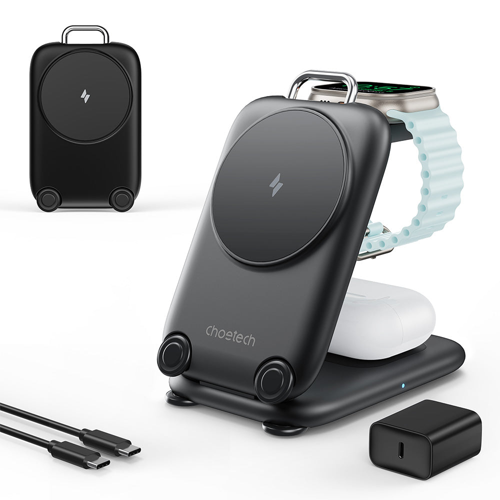 Choetech 3-in-1 Foldable and Portable Magnetic Wireless Charger - Black