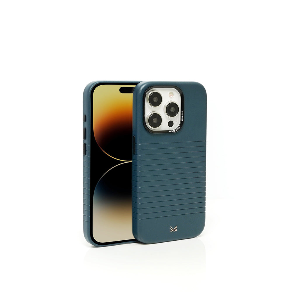 Monocozzi LUCID Refined | Magsafe Compatible SnapOn Biodegradable Leather Protective Case for iPhone 15 Pro - Midnight Blue