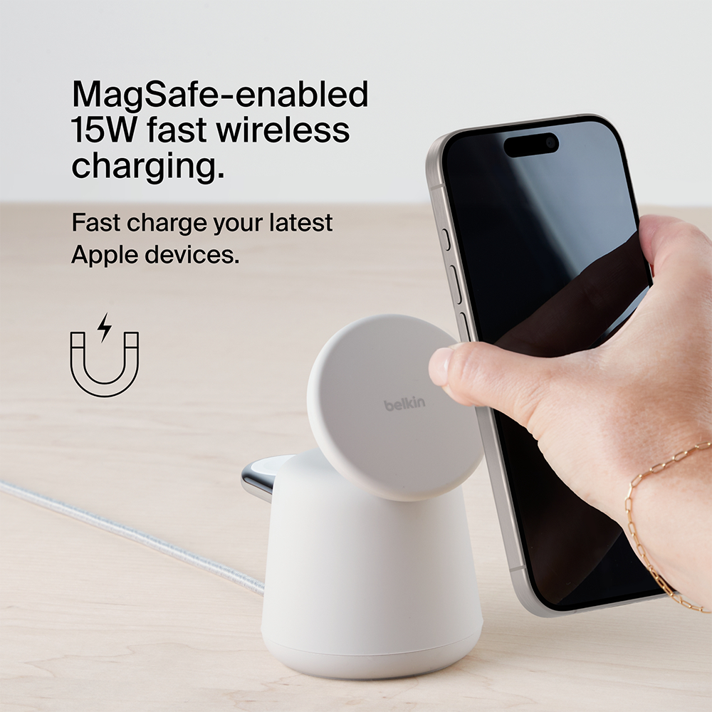 Belkin Boost Charge Pro 2 in1 Wireless Charging Dock with Magsafe 15W, Sand