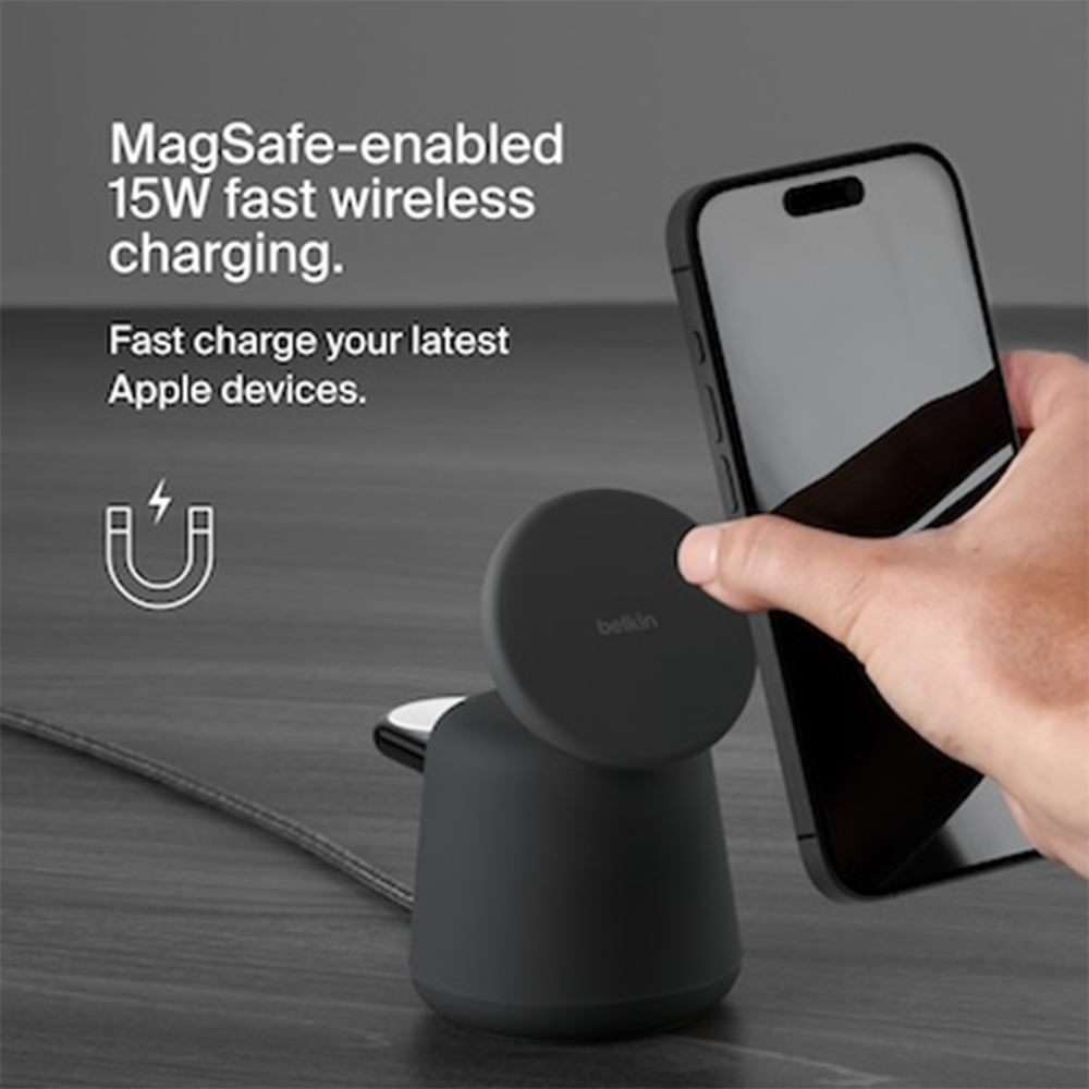 Belkin Boost Charge Pro 2 in1 Wireless Charging Dock with Magsafe 15W, Charcoal