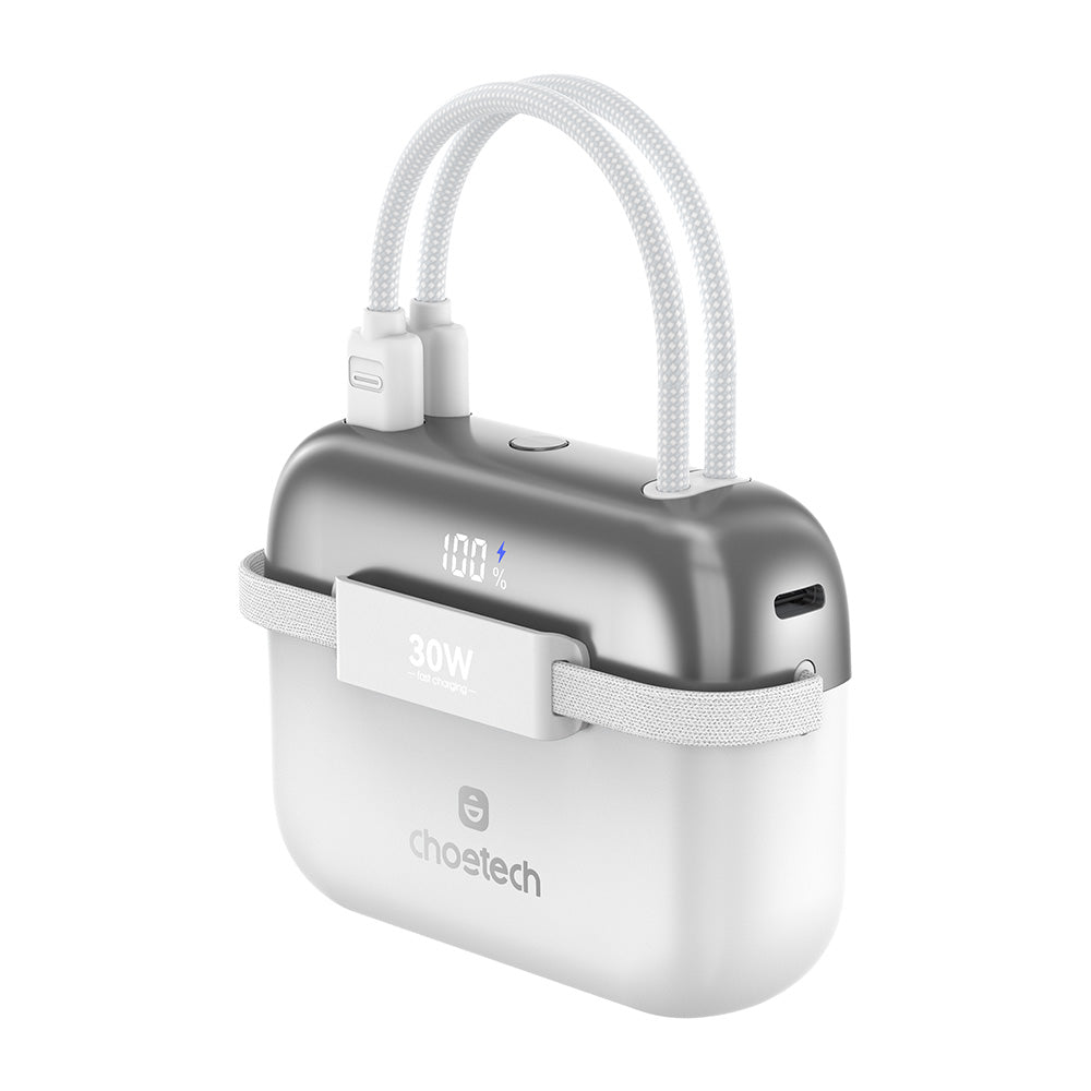 Choetech Mini Bag Digital 10000mAh Power Bank with PD30W Type-C Cable - White