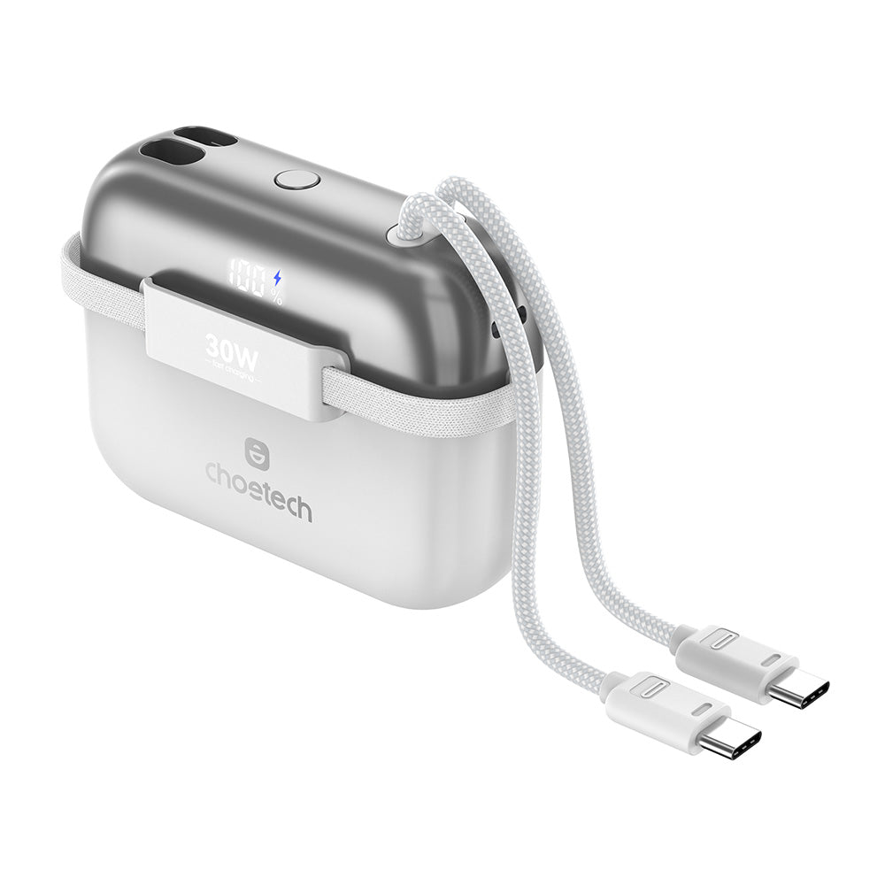 Choetech Mini Bag Digital 10000mAh Power Bank with PD30W Type-C Cable - White