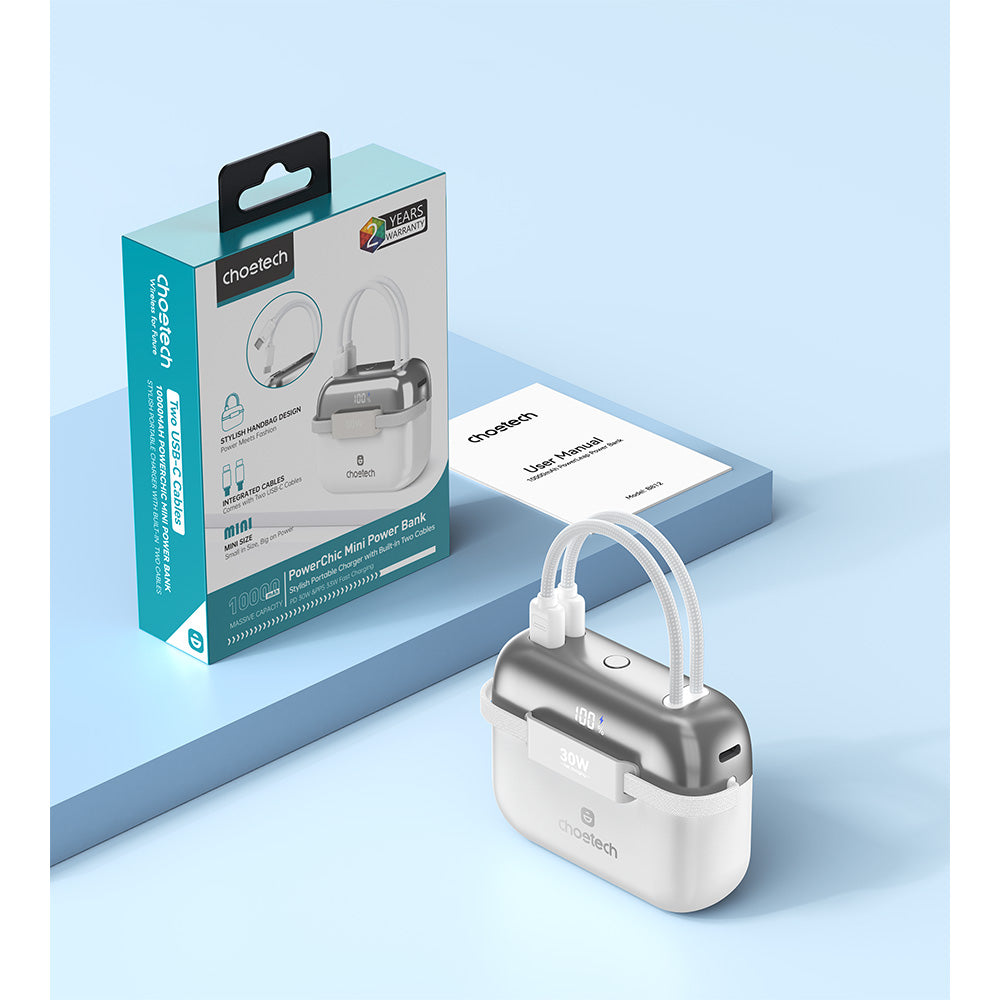 Choetech Mini Bag Digital 10000mAh Power Bank with PD30W Type-C Cable - White