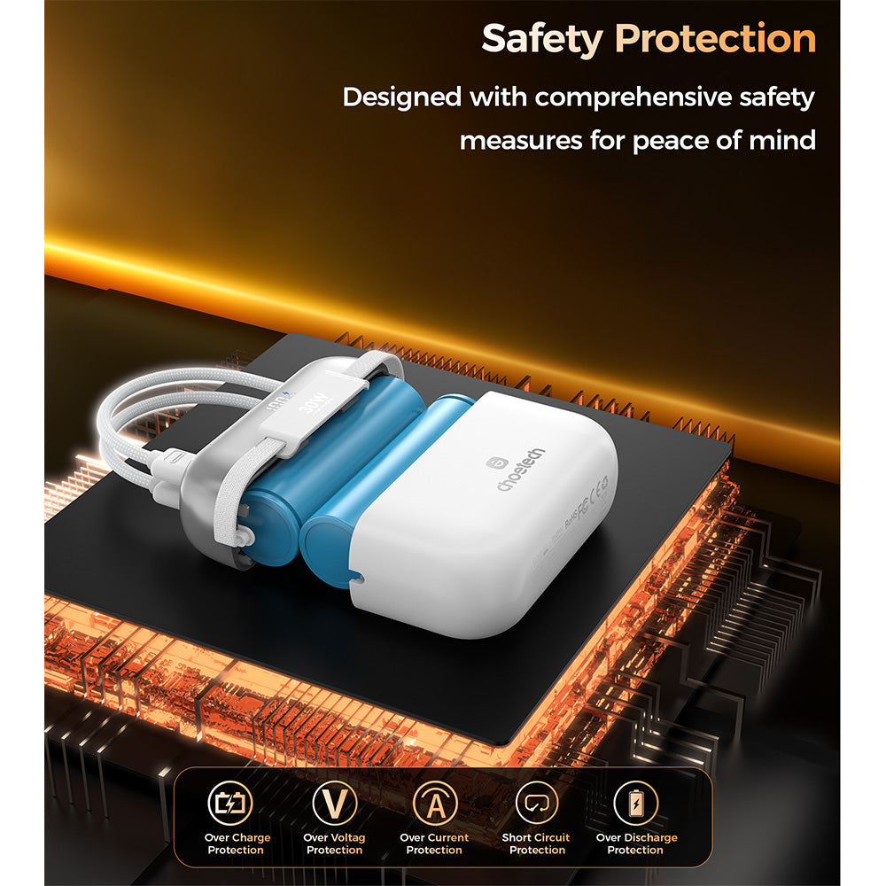 Choetech Mini Bag Digital 10000mAh Power Bank with PD30W Type-C Cable - White