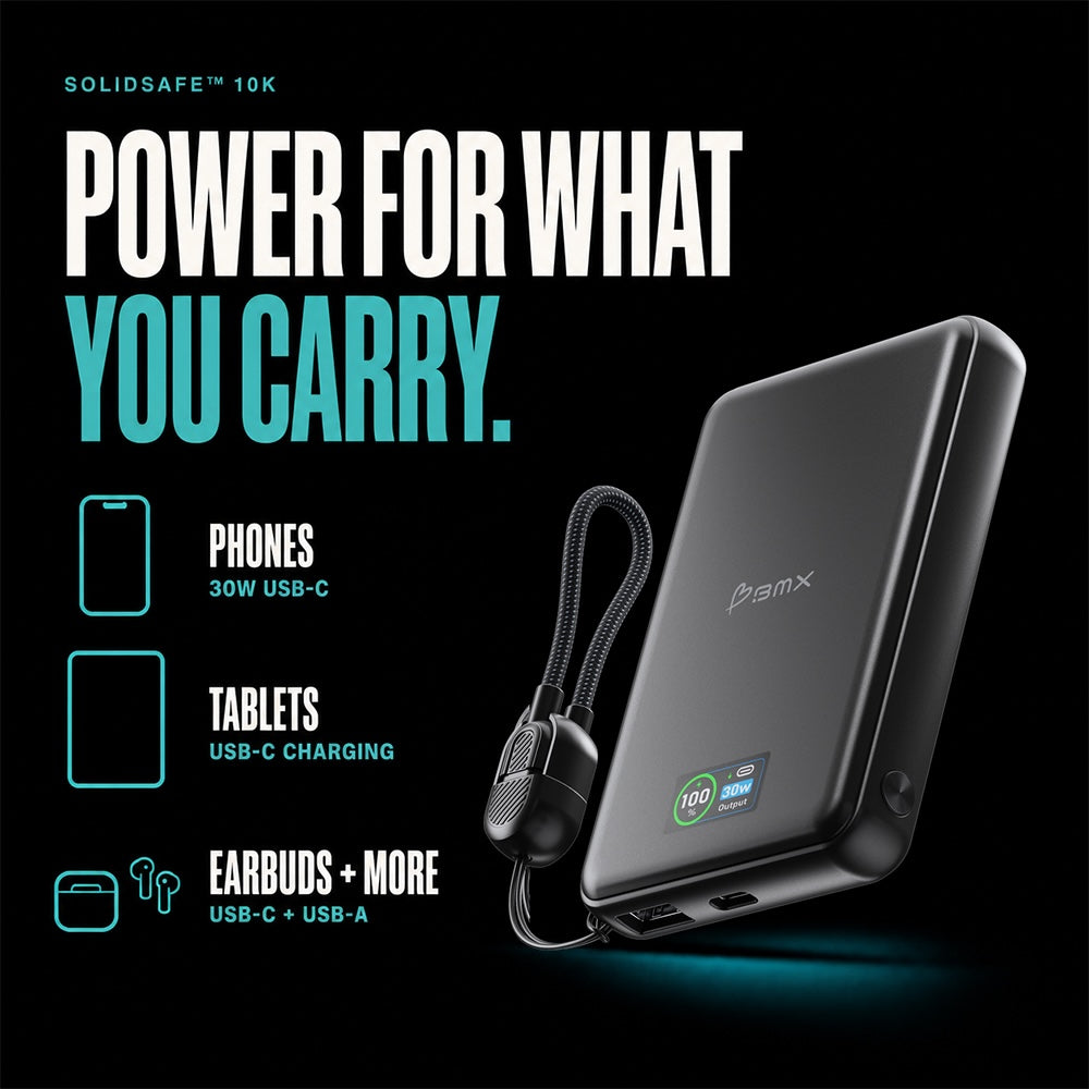BMX SolidSafe 10000mAh 30W Solid State Wired Power Bank - Black