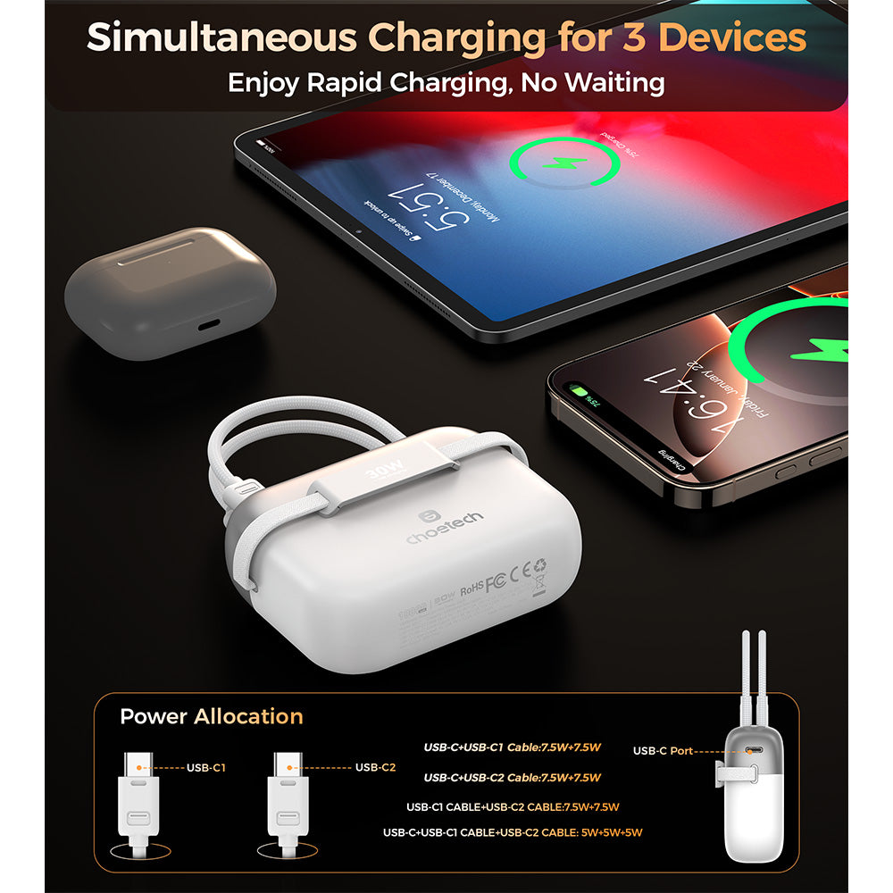 Choetech Mini Bag Digital 10000mAh Power Bank with PD30W Type-C Cable - White