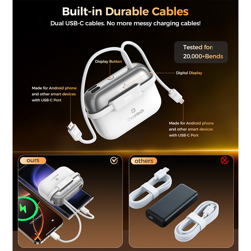 Choetech Mini Bag Digital 10000mAh Power Bank with PD30W Type-C Cable - White