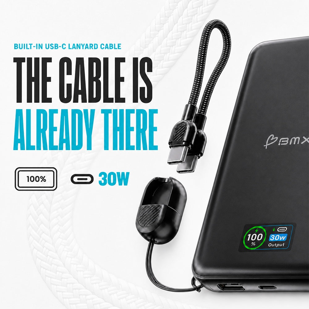 BMX SolidSafe 10000mAh 30W Solid State Wired Power Bank - Black