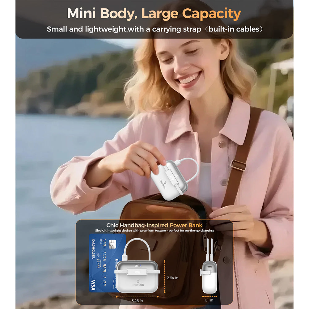 Choetech Mini Bag Digital 10000mAh Power Bank with PD30W Type-C Cable - White