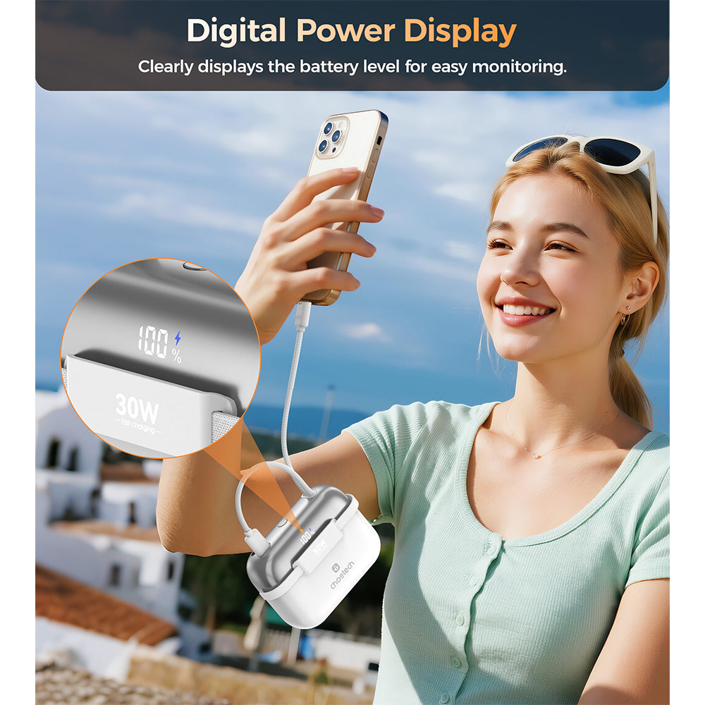Choetech Mini Bag Digital 10000mAh Power Bank with PD30W Type-C Cable - White