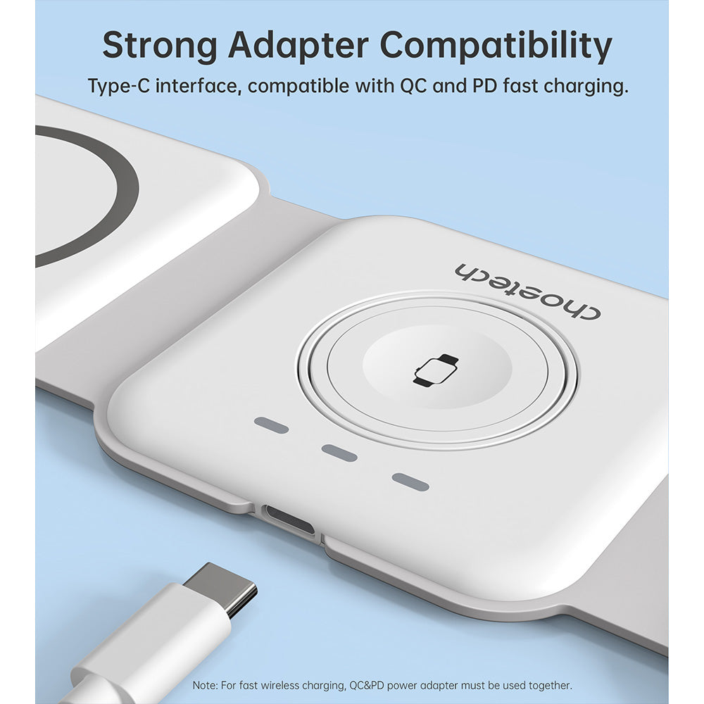 Choetech 3 in 1 Foldable and Portable Magnetic Wireless Charger - White