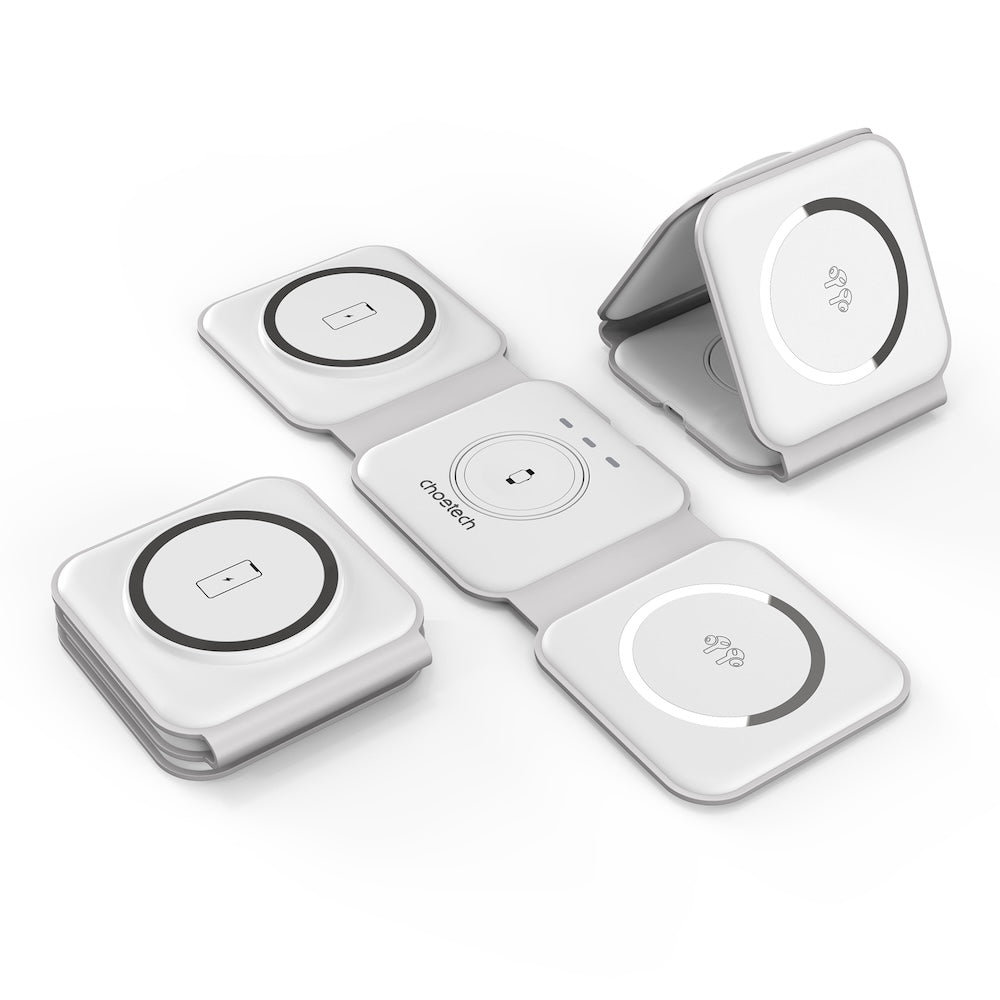 Choetech 3 in 1 Foldable and Portable Magnetic Wireless Charger - White