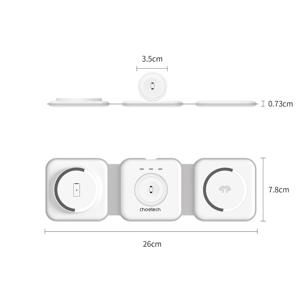 Choetech 3 in 1 Foldable and Portable Magnetic Wireless Charger - White