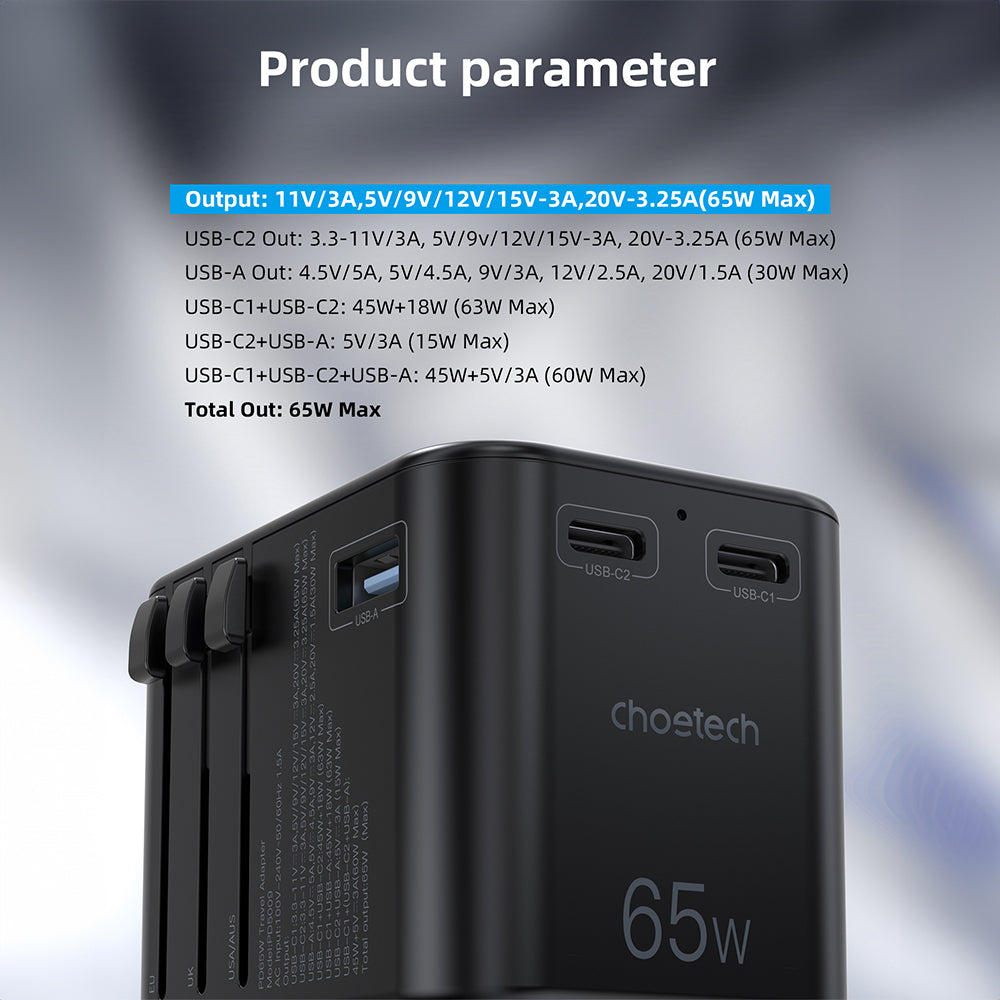 Choetech PD65W 2C+A Travel Wall Charger