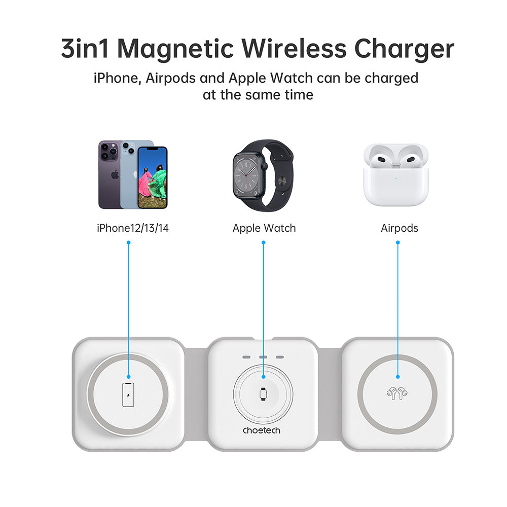 Choetech 3 in 1 Foldable and Portable Magnetic Wireless Charger - White