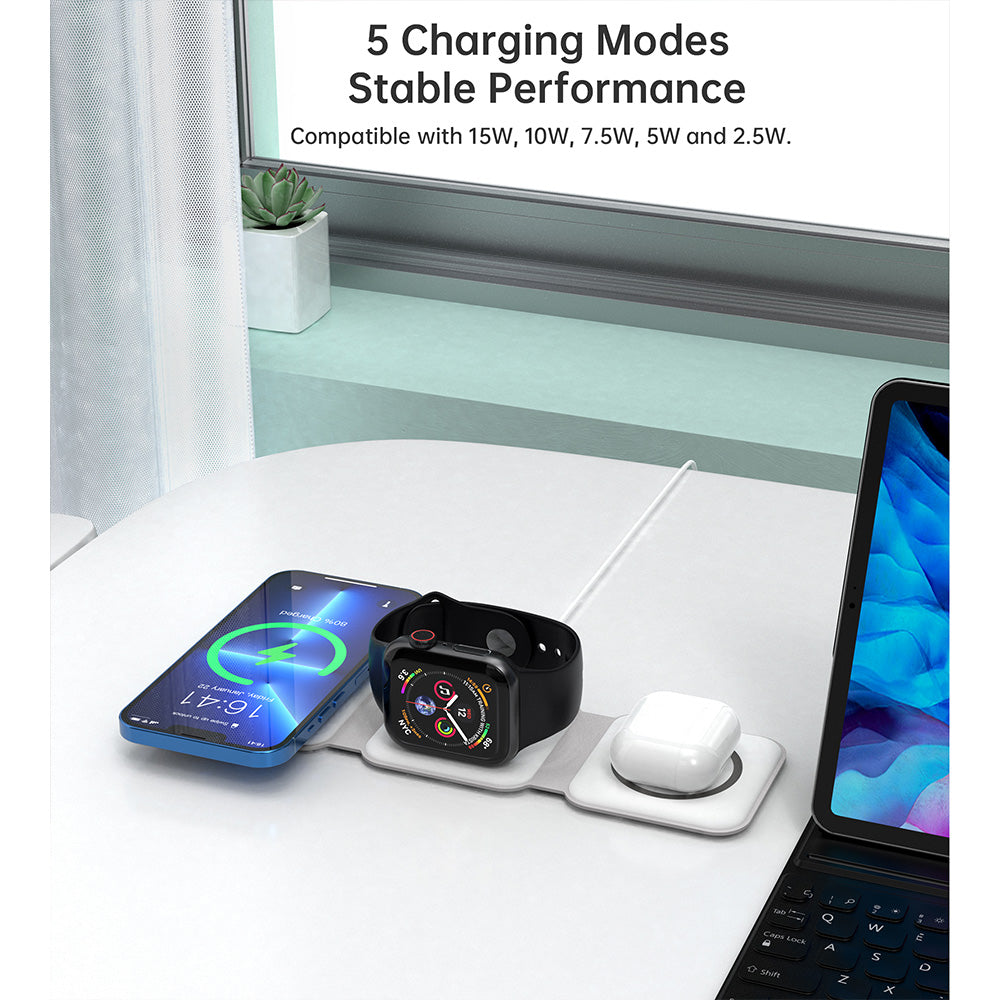 Choetech 3 in 1 Foldable and Portable Magnetic Wireless Charger - White