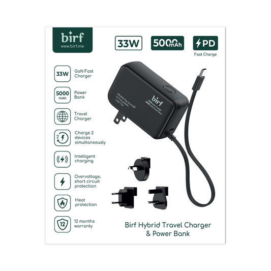 Birf Hybrid 5000mAh Power Bank 33W Travel Charger - Black