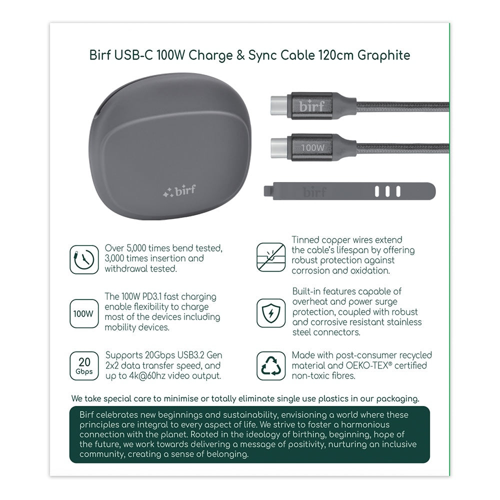 Birf Cable USB-C to C 100W Charge & Sync 120cm Graphite