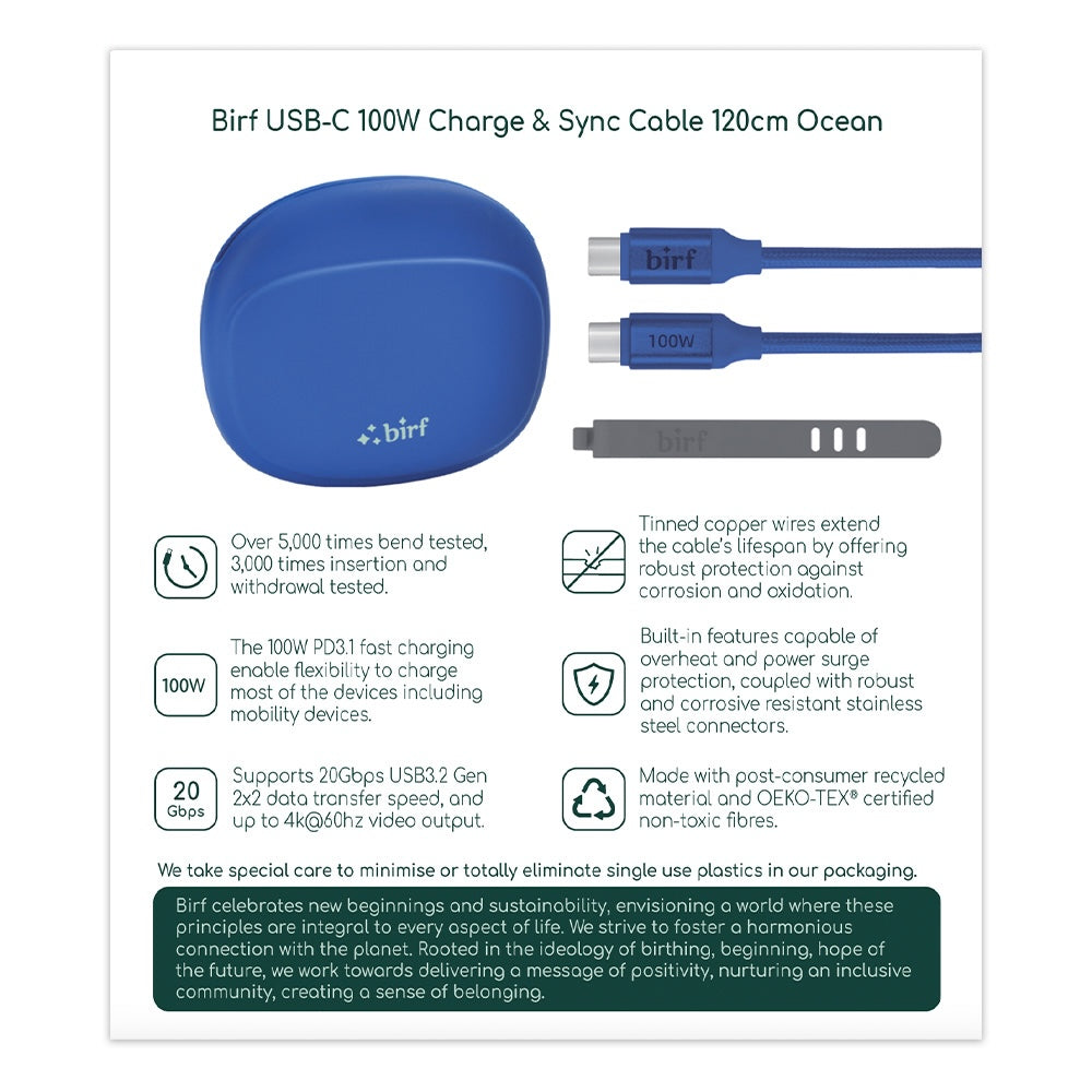 Birf Cable USB-C to C 100W Charge & Sync 120cm Ocean