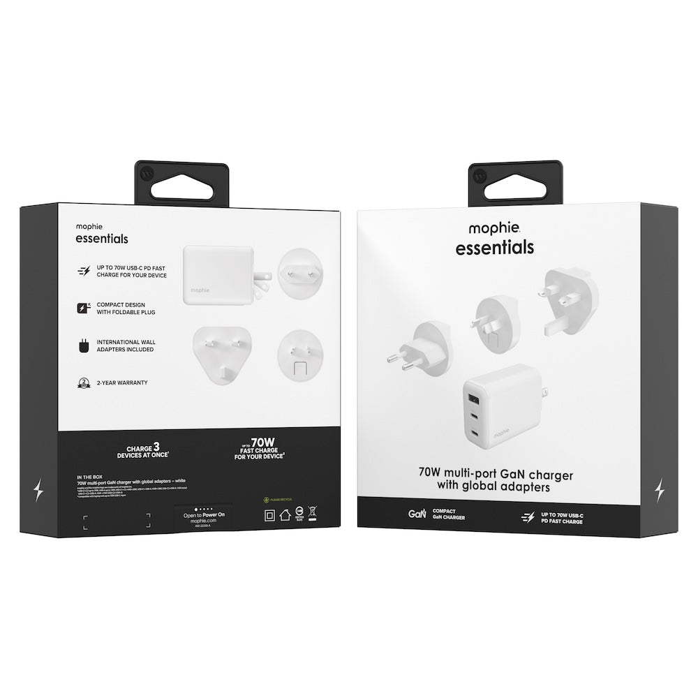 Mophie Essentials 70W GaN Wall Charger 3 with Travel Plugs - White