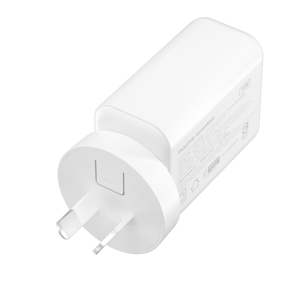 Mophie Essentials 70W GaN Wall Charger 3 with Travel Plugs - White