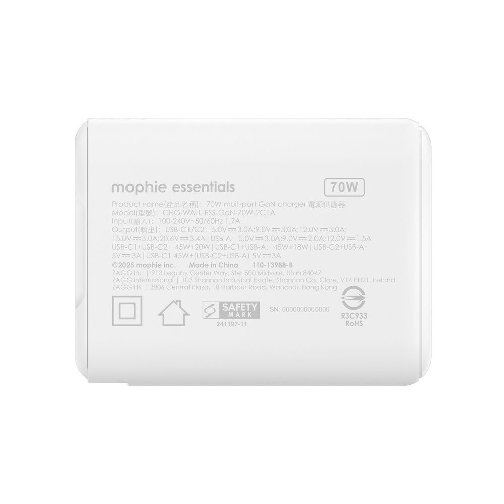 Mophie Essentials 70W GaN Wall Charger 3 with Travel Plugs - White
