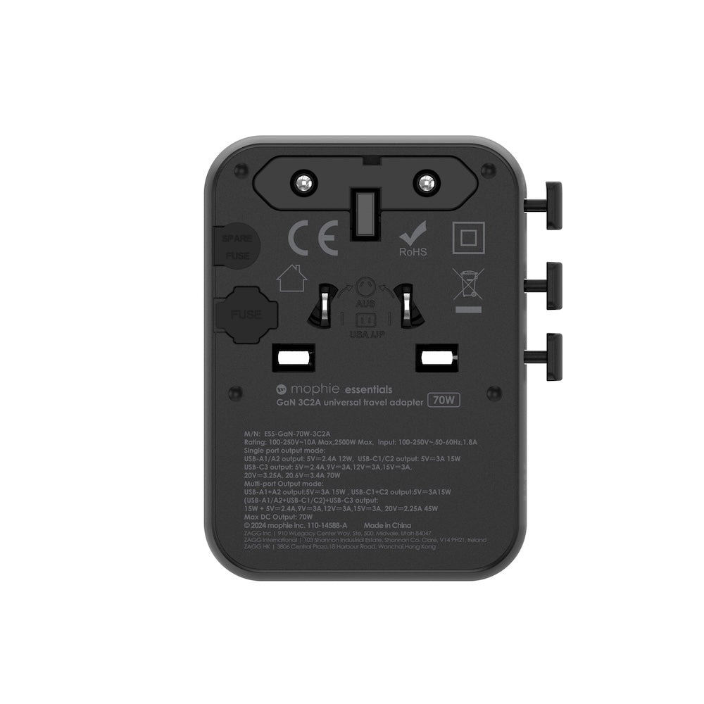 Mophie Essentials 70W GaN 5 Ports + AC Travel Adapter - Black