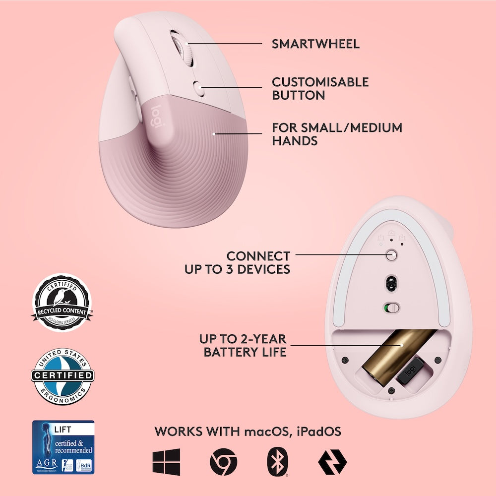 Logitech Lift Vertical Ergonomic Mouse - Rose
