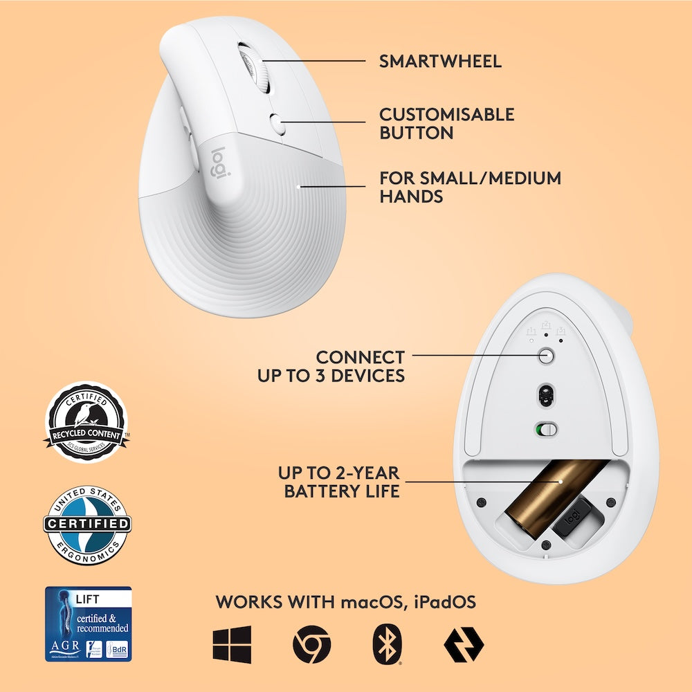 Logitech Lift Vertical Ergonomic Mouse - White