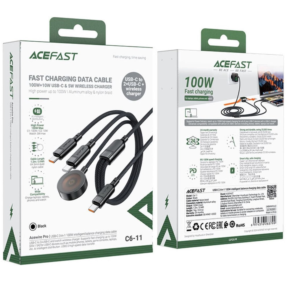 Acefast C6-11 USB-C 3-in-1 100W Intelligent Balance Charging Data Cable - Black
