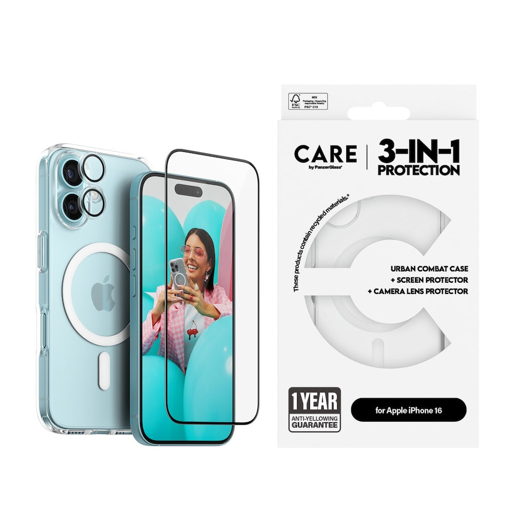 CARE by PanzerGlass® Flagship 3-in-1 Bundle for iPhone 16