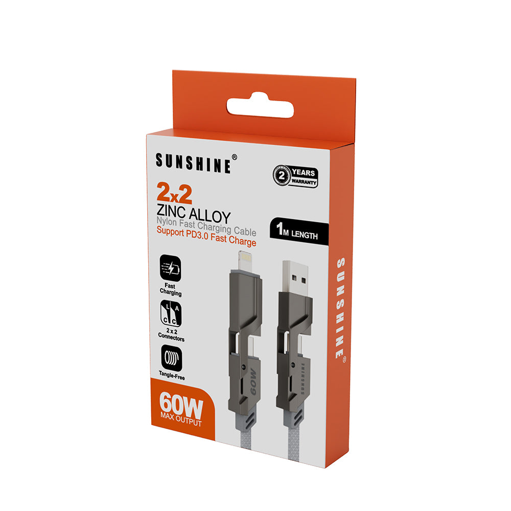 Sunshine 4-in-1 60W Zinc Alloy Fast Charge Cable 1m - Titanium