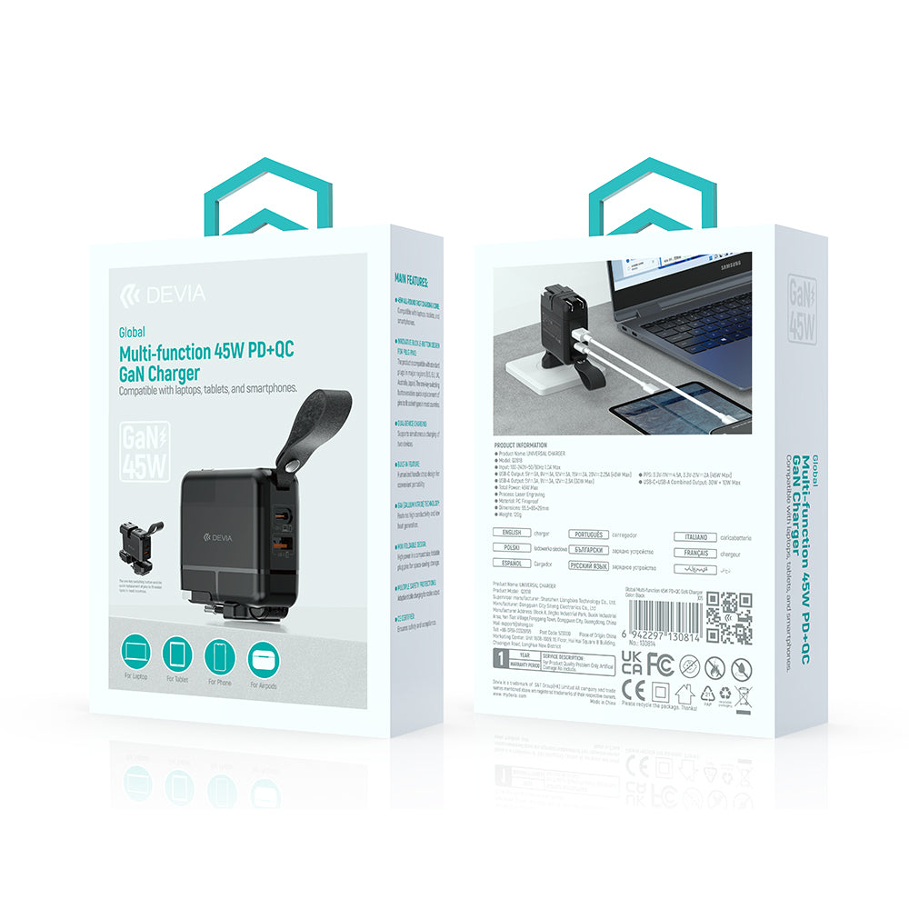 DEVIA 45W PD+QC GaN Travel Adapter Black