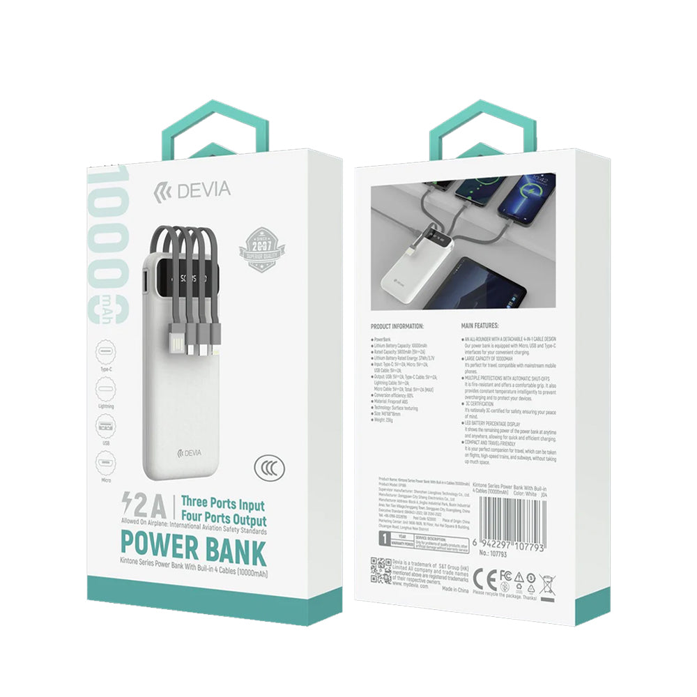DEVIA Kintone Series Powerbank With Built-in 4 Cables (10000mAh) EP189 - White