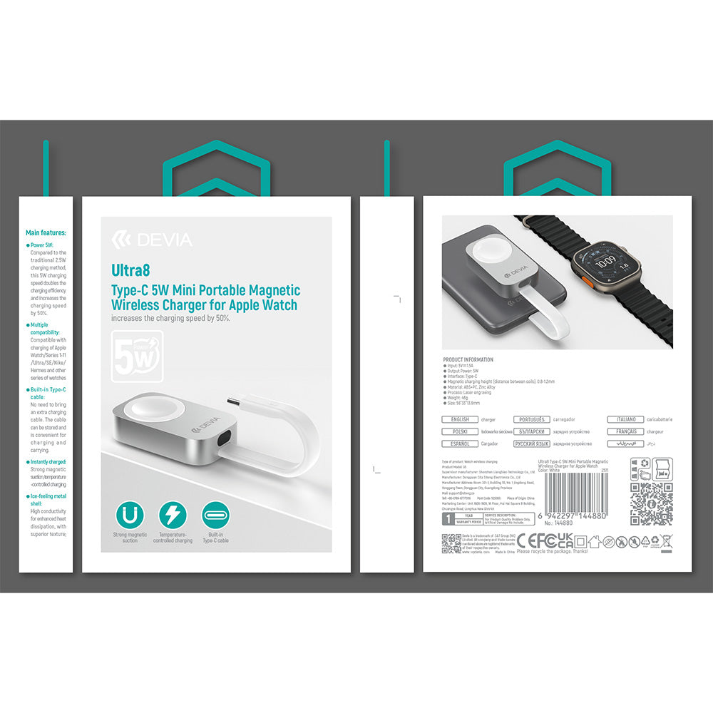 DEVIA Ultra8 Type-C 5W Mini Portable Magnetic Wireless Charger for Apple Watch